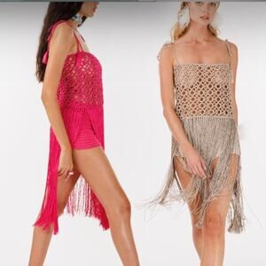 My Beachy Side Biscotti Crochet Fringed Knee Length Dress Small Fuchsia Pink